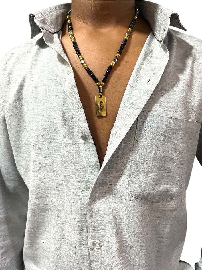 Designer Beaded Necklace, Black Onyx with Gold Accents, Razor Blade Pendant Long for Men