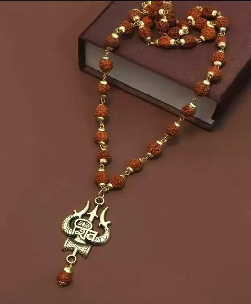 Rudraksha Mala with  Mahakal Locket, Golden Om Trishul Damru Pendant, Original Spiritual Shiva Bholenath Religious chain Locket for men and Women
