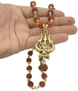 Rudraksha Mala with  Mahakal Locket, Golden Om Trishul Damru Pendant, Original Spiritual Shiva Bholenath Religious chain Locket for men and Women