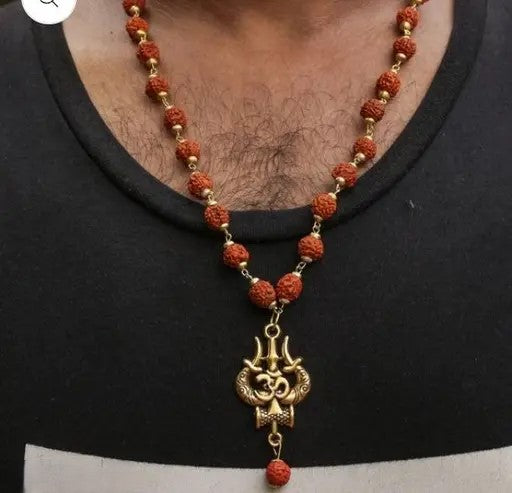 Rudraksha Mala with  Mahakal Locket, Golden Om Trishul Damru Pendant, Original Spiritual Shiva Bholenath Religious chain Locket for men and Women
