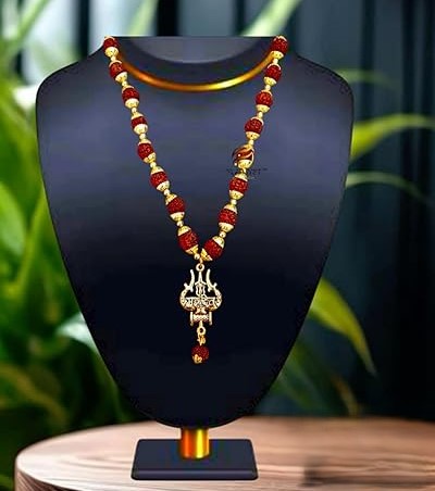 Rudraksha Mala with  Mahakal Locket, Golden Om Trishul Damru Pendant, Original Spiritual Shiva Bholenath Religious chain Locket for men and Women