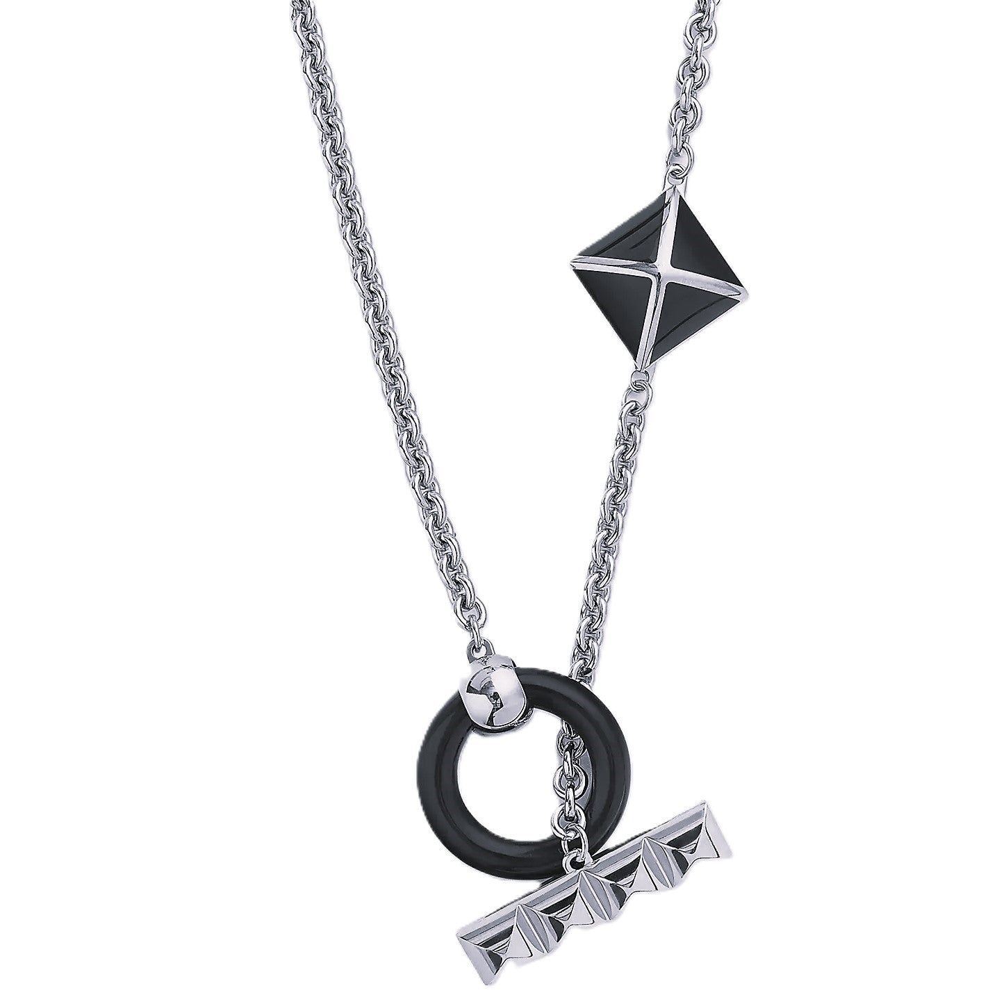 Modern Geometric Pendant Necklace, Silver Chain with Black Accents, Circle and Diamond Charms for Men's