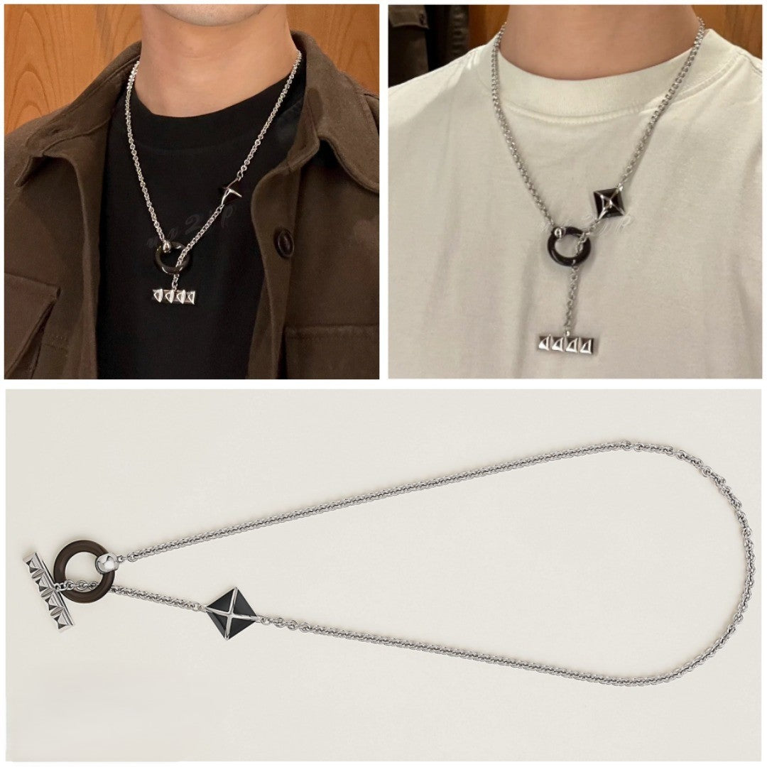 Modern Geometric Pendant Necklace, Silver Chain with Black Accents, Circle and Diamond Charms for Men's