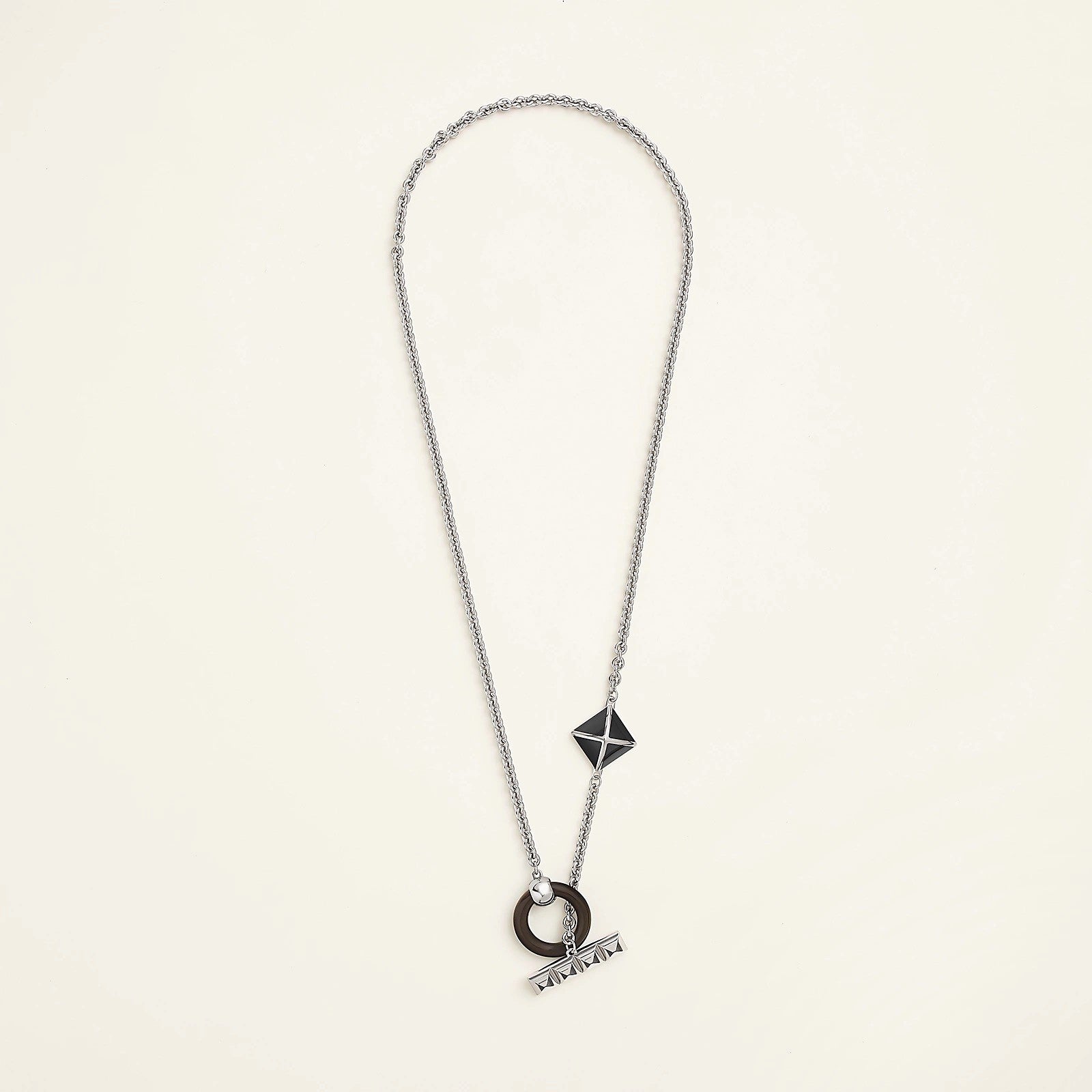 Modern Geometric Pendant Necklace, Silver Chain with Black Accents, Circle and Diamond Charms for Men's