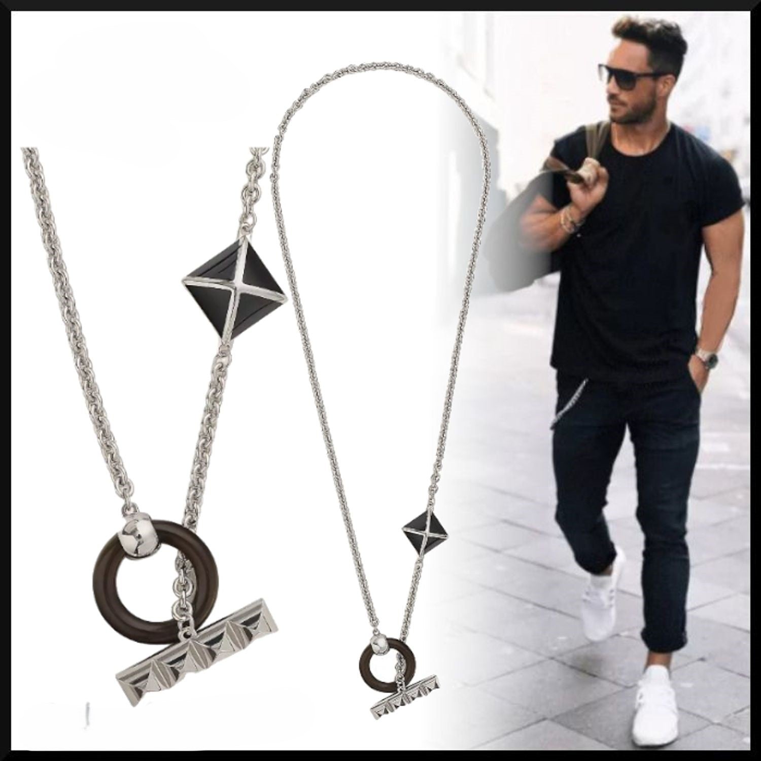 Modern Geometric Pendant Necklace, Silver Chain with Black Accents, Circle and Diamond Charms for Men's