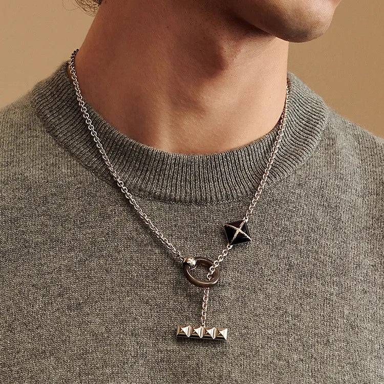 Modern Geometric Pendant Necklace, Silver Chain with Black Accents, Circle and Diamond Charms for Men's
