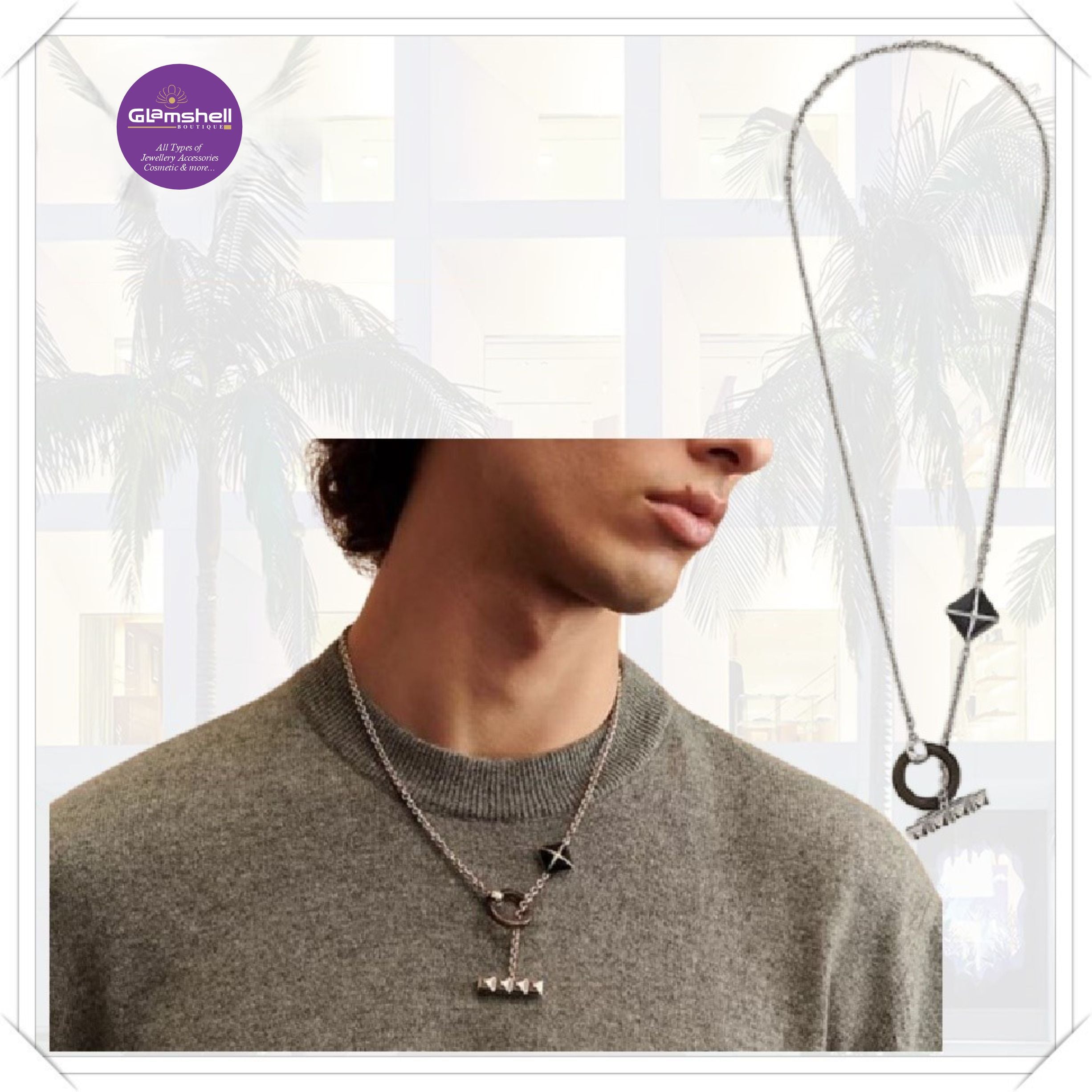 Modern Geometric Pendant Necklace, Silver Chain with Black Accents, Circle and Diamond Charms for Men's