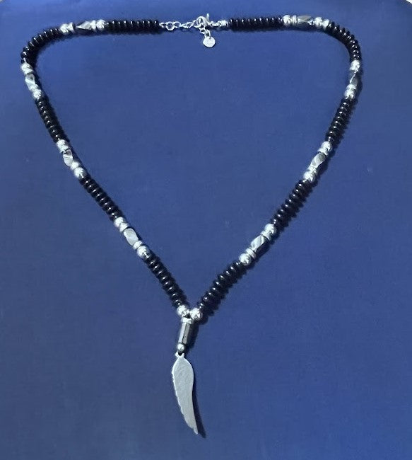 Handcrafted Black Beaded Necklace with Silver Accents and Feather Pendant for Men Size 20"