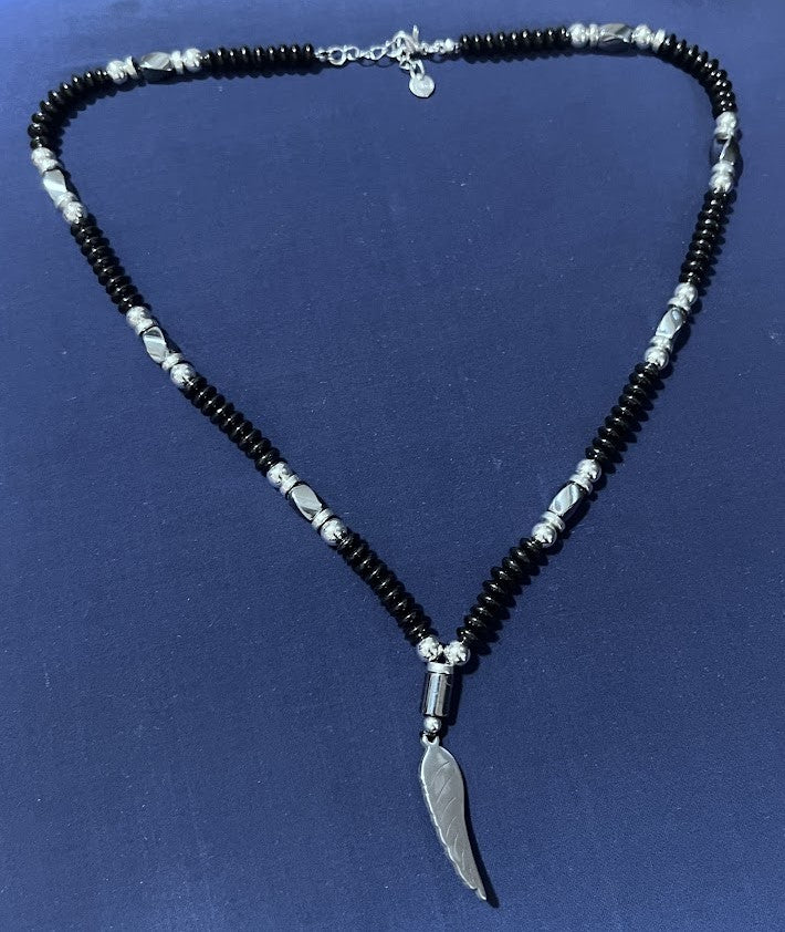 Handcrafted Black Beaded Necklace with Silver Accents and Feather Pendant for Men Size 20"