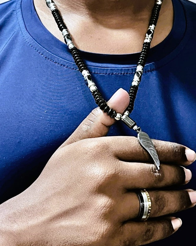 Handcrafted Black Beaded Necklace with Silver Accents and Feather Pendant for Men Size 20"