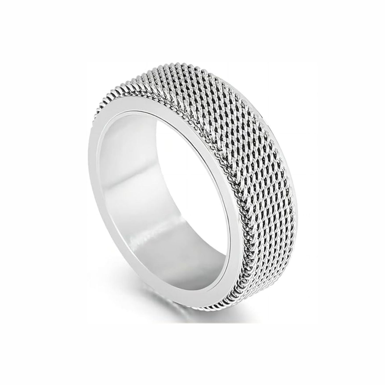 Spinner Ring for Men and Woman, Silver Steel Black Titanium Steel Ring Personalized Woven Mesh, (8mm width) Size 17-20