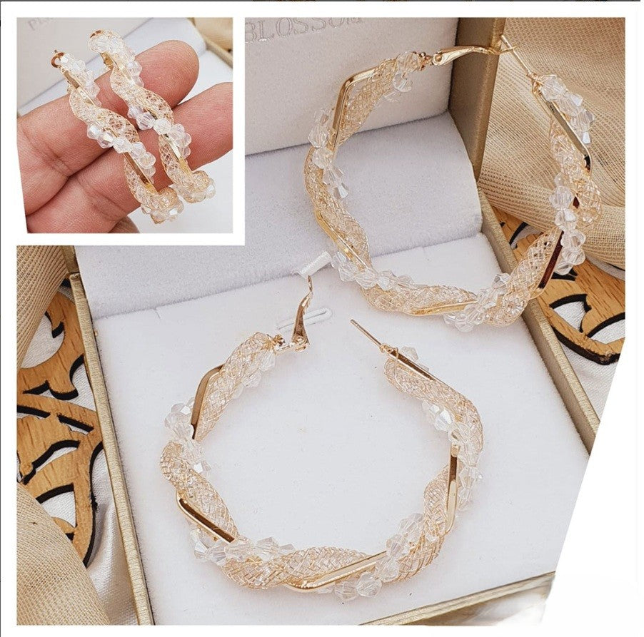 Crystal Beaded Hoop Earrings, Gold-Toned Twisted Mesh Design, Clear Glass Beads for Women