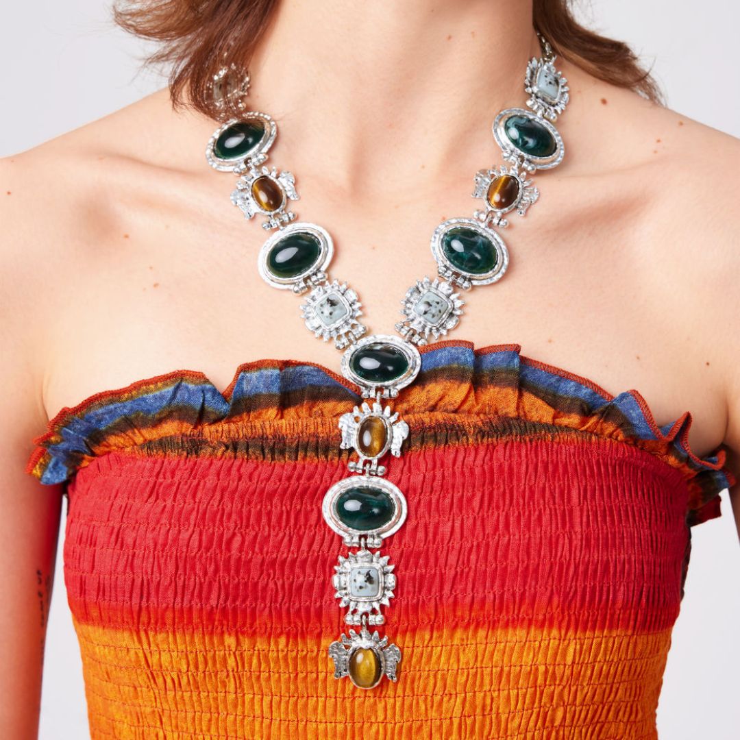 Vintage Style Statement Necklace, Green and Brown Gemstones, Antique Grey Chain, Y-Drop Design Necklace For Women