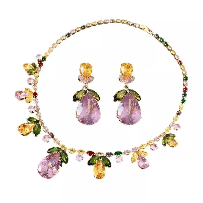 Elegant Multicolor Drop Leaf Floral Wedding Necklace Earrings Silver Plated Jewelry Set