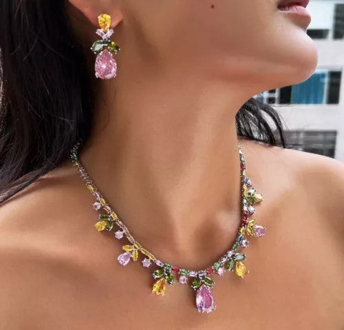 Elegant Multicolor Drop Leaf Floral Wedding Necklace Earrings Silver Plated Jewelry Set