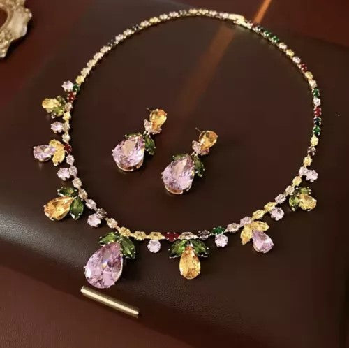 Elegant Multicolor Drop Leaf Floral Wedding Necklace Earrings Silver Plated Jewelry Set