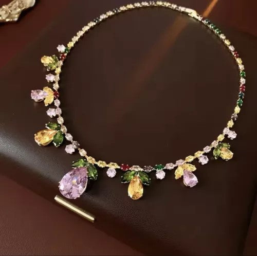 Elegant Multicolor Drop Leaf Floral Wedding Necklace Earrings Silver Plated Jewelry Set