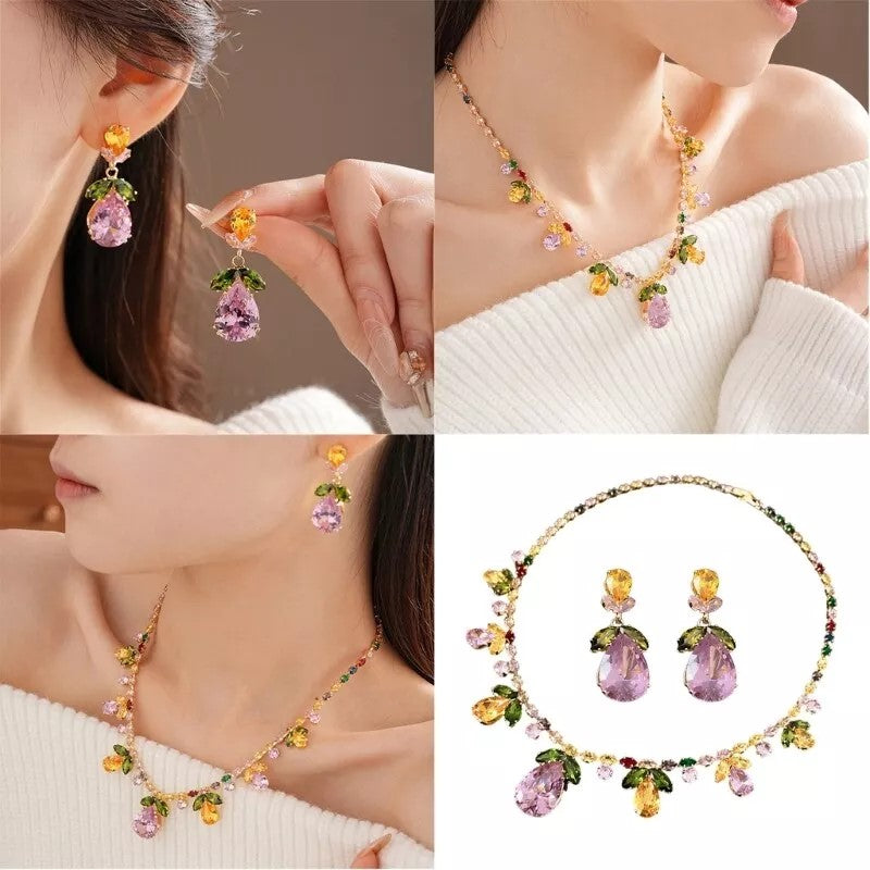 Elegant Multicolor Drop Leaf Floral Wedding Necklace Earrings Silver Plated Jewelry Set