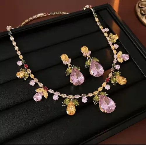 Elegant Multicolor Drop Leaf Floral Wedding Necklace Earrings Silver Plated Jewelry Set