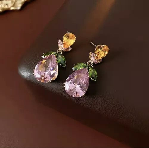 Elegant Multicolor Drop Leaf Floral Wedding Necklace Earrings Silver Plated Jewelry Set