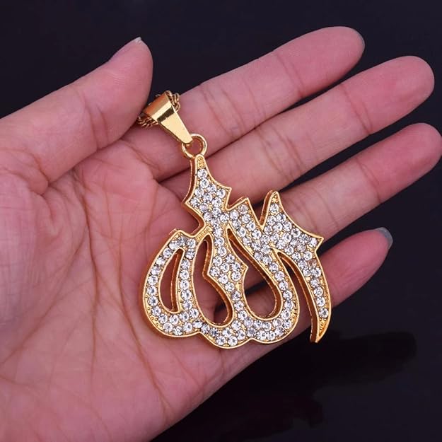 Almighty Allah God Muslim Islamic Big Symbol Gold Plated Brass Locket Pendant with 24inch Twist Rope Chain for Men's & Boys