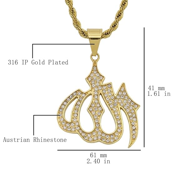 Almighty Allah God Muslim Islamic Big Symbol Gold Plated Brass Locket Pendant with 24inch Twist Rope Chain for Men's & Boys