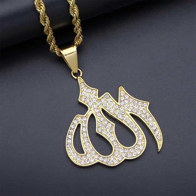 Almighty Allah God Muslim Islamic Big Symbol Gold Plated Brass Locket Pendant with 24inch Twist Rope Chain for Men's & Boys