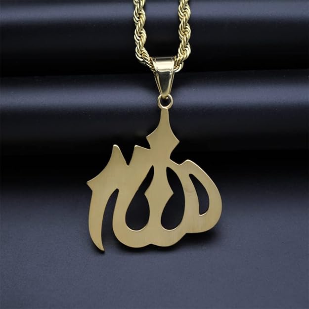 Almighty Allah God Muslim Islamic Big Symbol Gold Plated Brass Locket Pendant with 24inch Twist Rope Chain for Men's & Boys