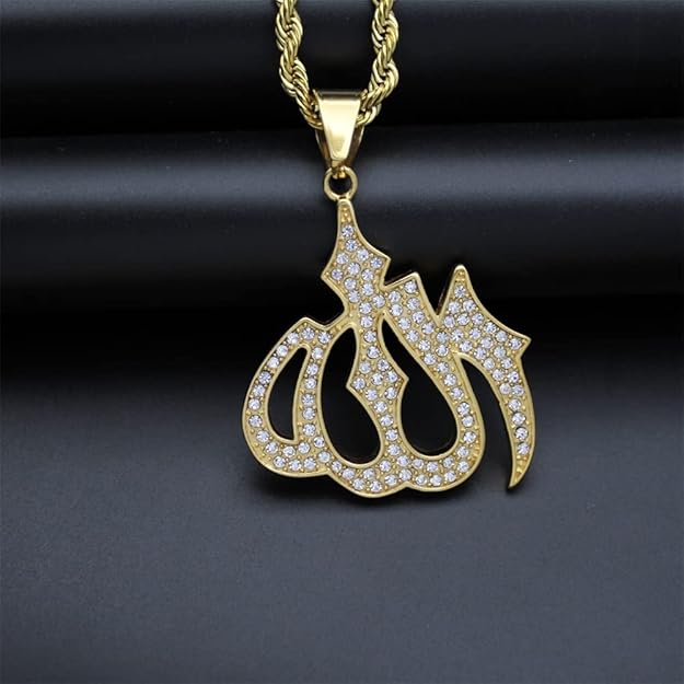 Almighty Allah God Muslim Islamic Big Symbol Gold Plated Brass Locket Pendant with 24inch Twist Rope Chain for Men's & Boys