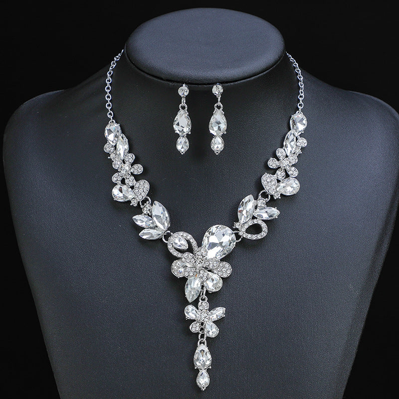 Necklace Floarl Art Deco Teardrop CollarRhinestone Crystal Bridal Necklace Dangle Earrings Jewellery Set for Women