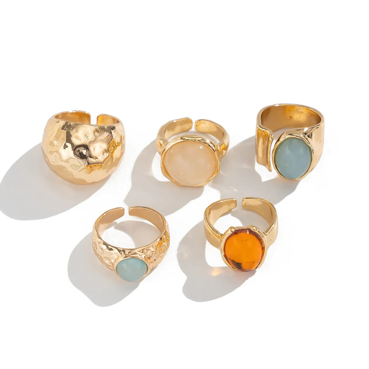 Vintage Gold Statement Rings Set, 5 Pieces, Hammered and Gemstone Design, Adjustable Ring Combo Pack Of 5 For Women