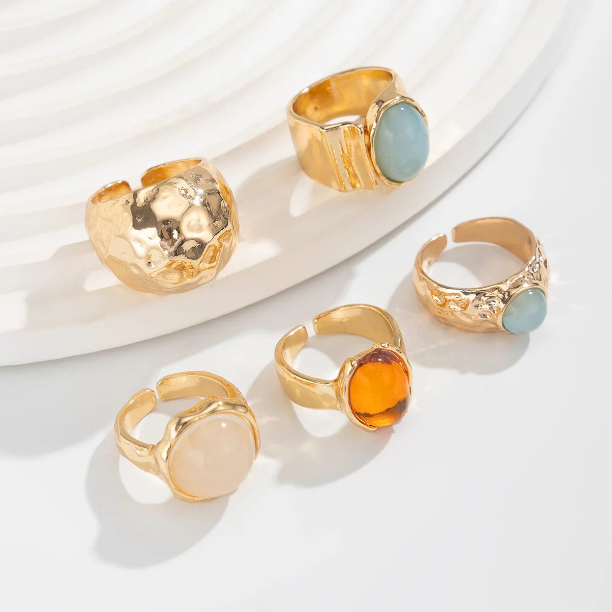 Vintage Gold Statement Rings Set, 5 Pieces, Hammered and Gemstone Desi ...