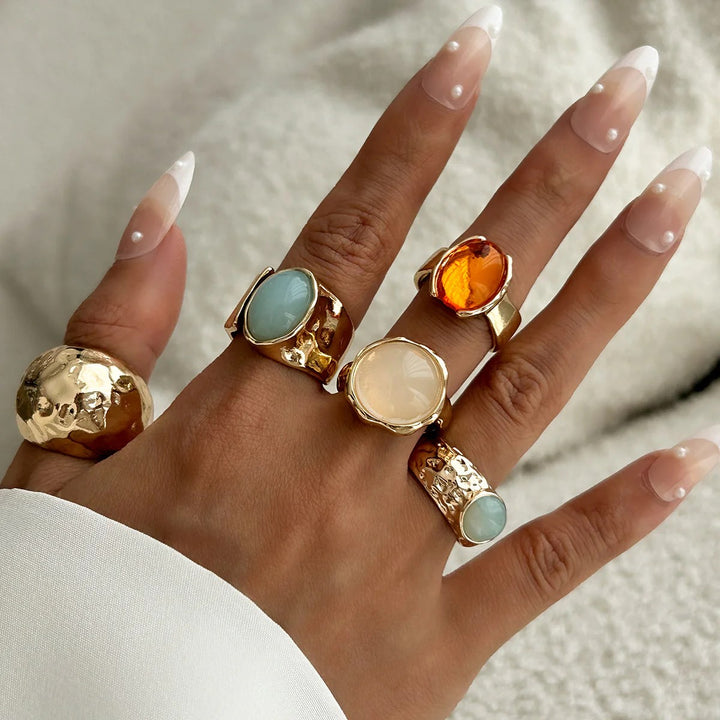 Vintage Gold Statement Rings Set, 5 Pieces, Hammered and Gemstone Design, Adjustable Ring Combo Pack Of 5 For Women