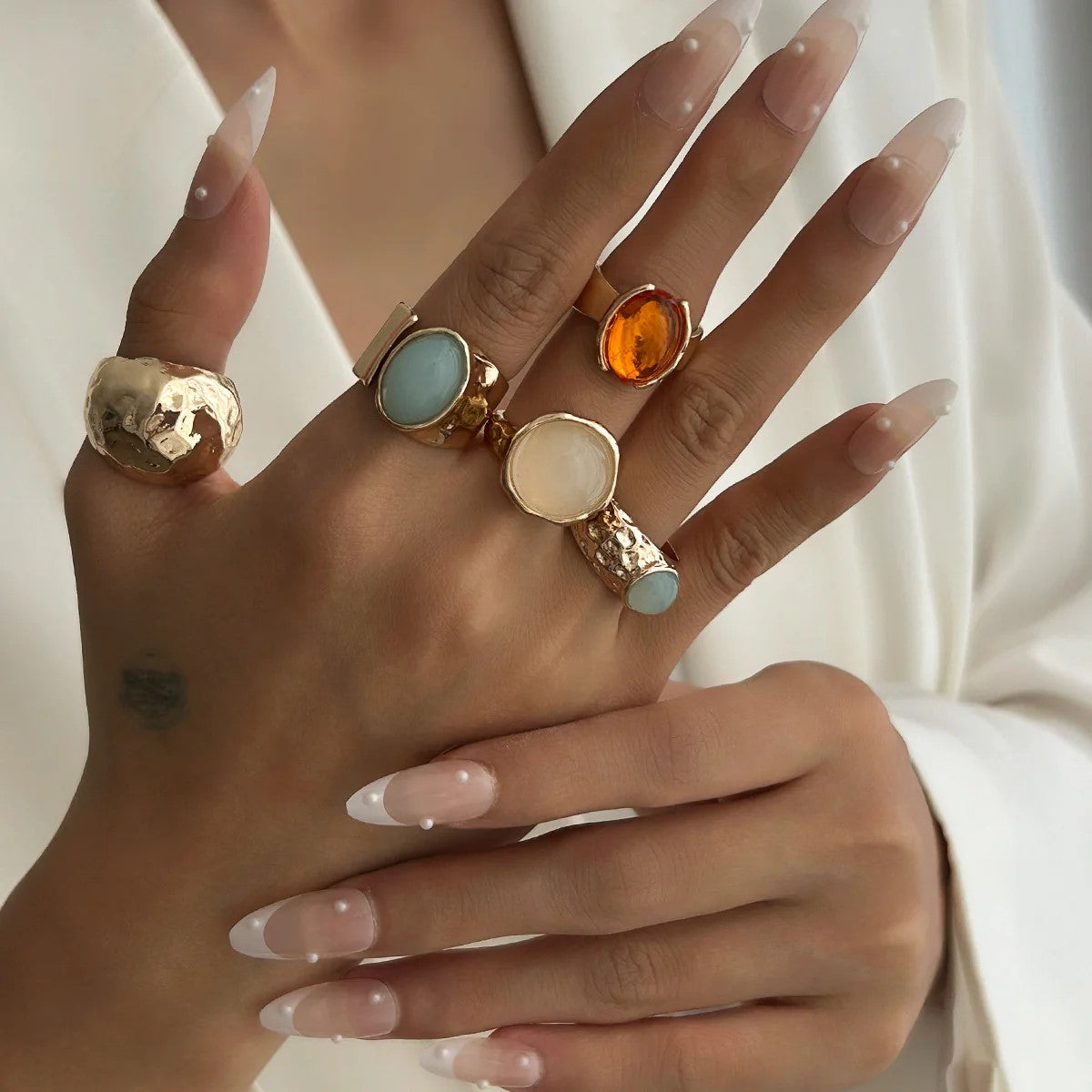 Vintage Gold Statement Rings Set, Pieces, Hammered and Gemstone Design,  Adjustable Ring Combo Pack Of For Women