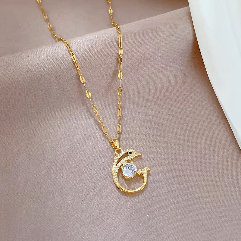 Fashion Micro Pave CZ Dolphin Necklace Real Gold Plated Adjustable Titanium Steel Chain Fish Pendant Necklace Jewellery for Women Lovers Gift