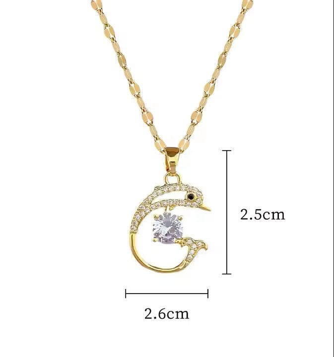 Fashion Micro Pave CZ Dolphin Necklace Real Gold Plated Adjustable Titanium Steel Chain Fish Pendant Necklace Jewellery for Women Lovers Gift
