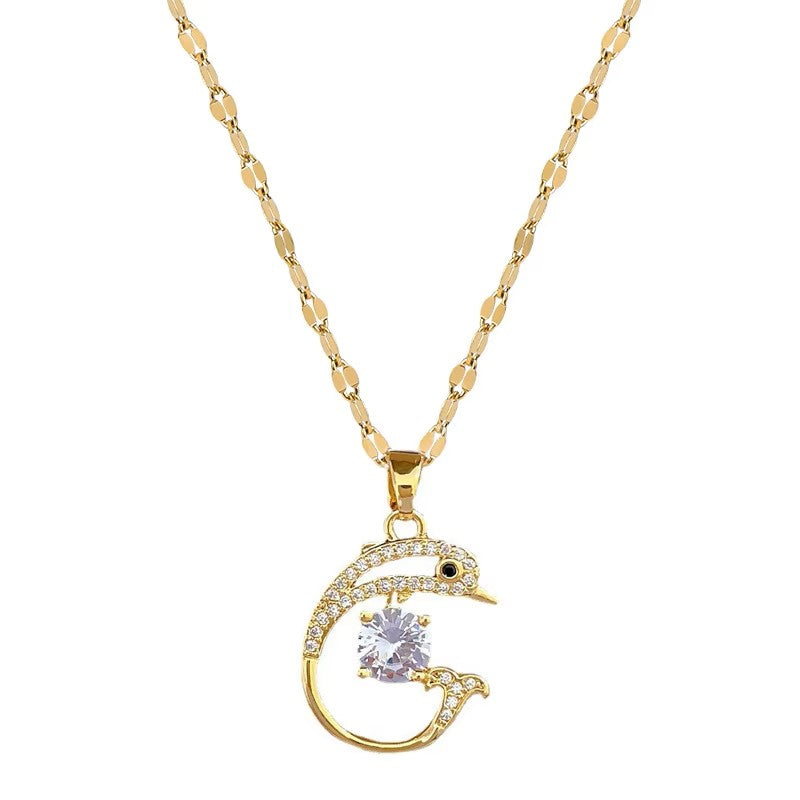 Fashion Micro Pave CZ Dolphin Necklace Real Gold Plated Adjustable Titanium Steel Chain Fish Pendant Necklace Jewellery for Women Lovers Gift
