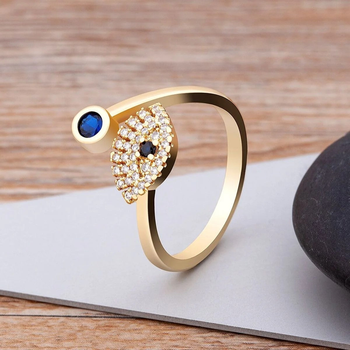 Modern Wrap Design Evil Eye Blue Gold Cubic Zirconia Adjustable Free Size Band Ring Women Gift