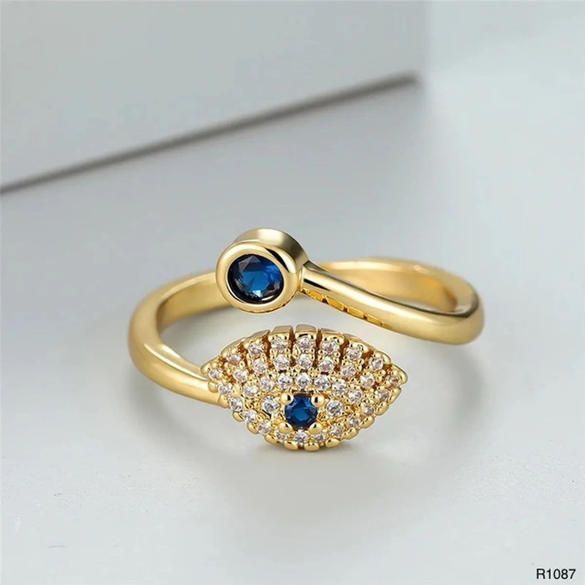 Modern Wrap Design Evil Eye Blue Gold Cubic Zirconia Adjustable Free Size Band Ring Women Gift