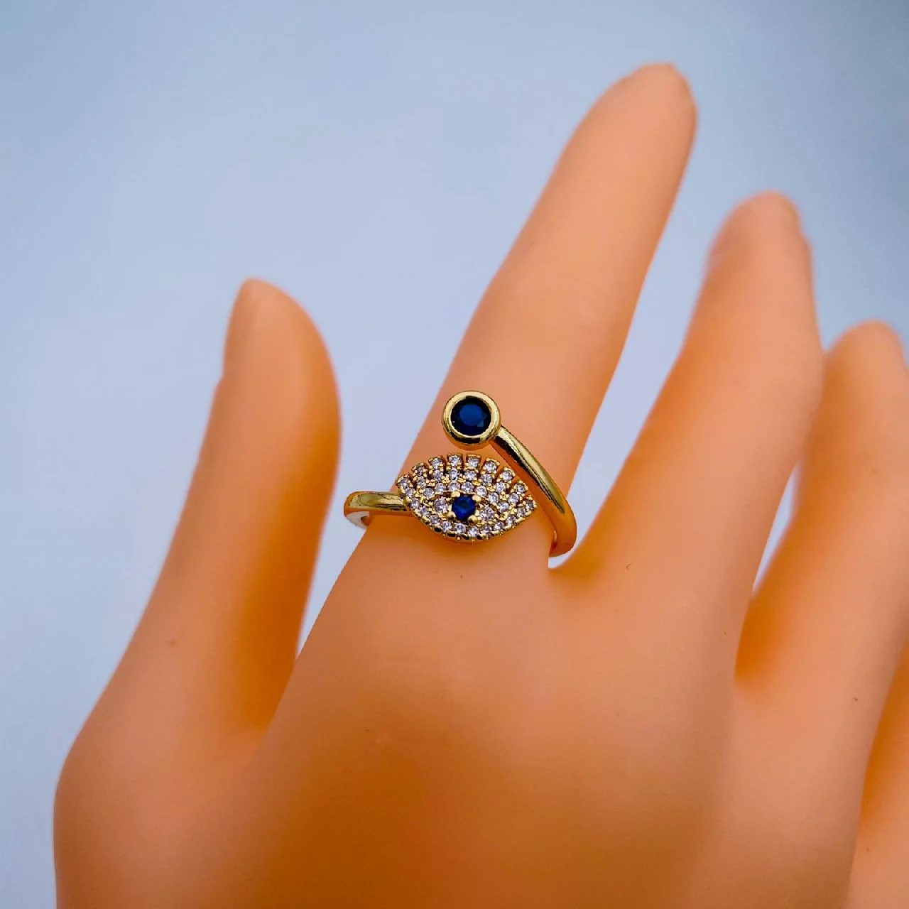 Modern Wrap Design Evil Eye Blue Gold Cubic Zirconia Adjustable Free Size Band Ring Women Gift