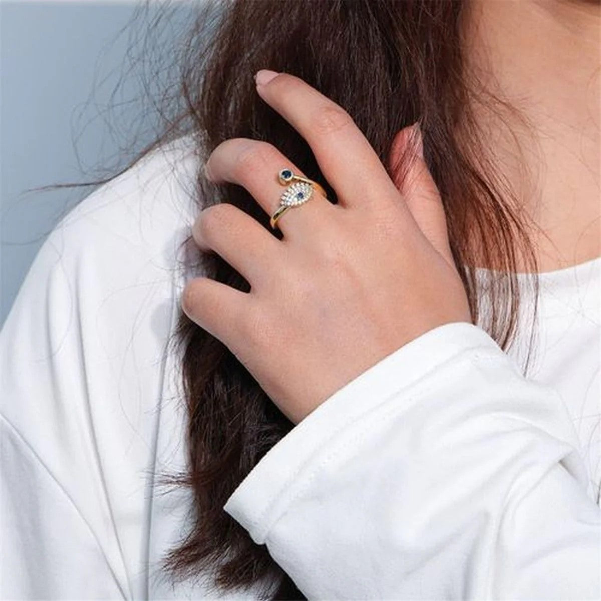 Modern Wrap Design Evil Eye Blue Gold Cubic Zirconia Adjustable Free Size Band Ring Women Gift