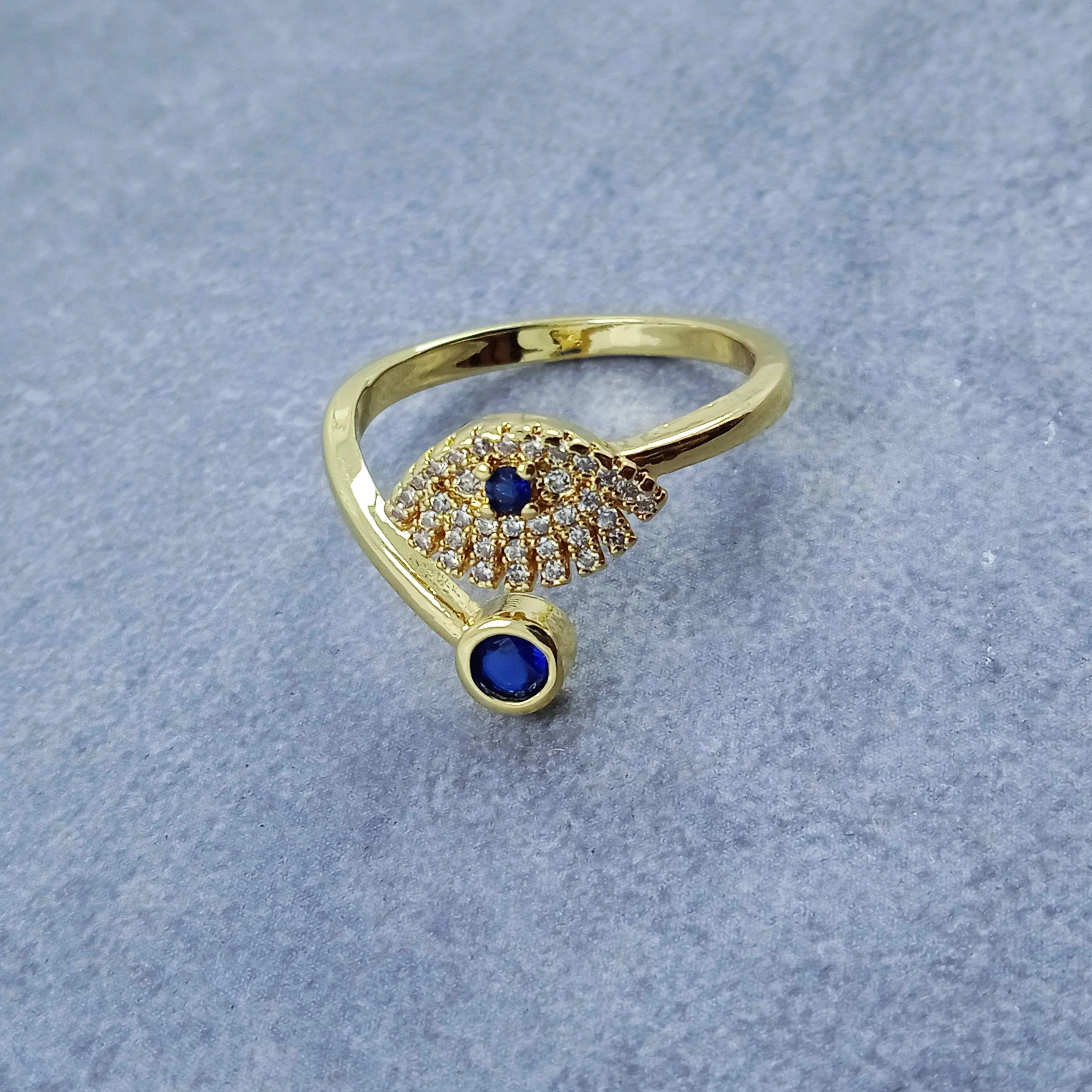 Modern Wrap Design Evil Eye Blue Gold Cubic Zirconia Adjustable Free Size Band Ring Women Gift