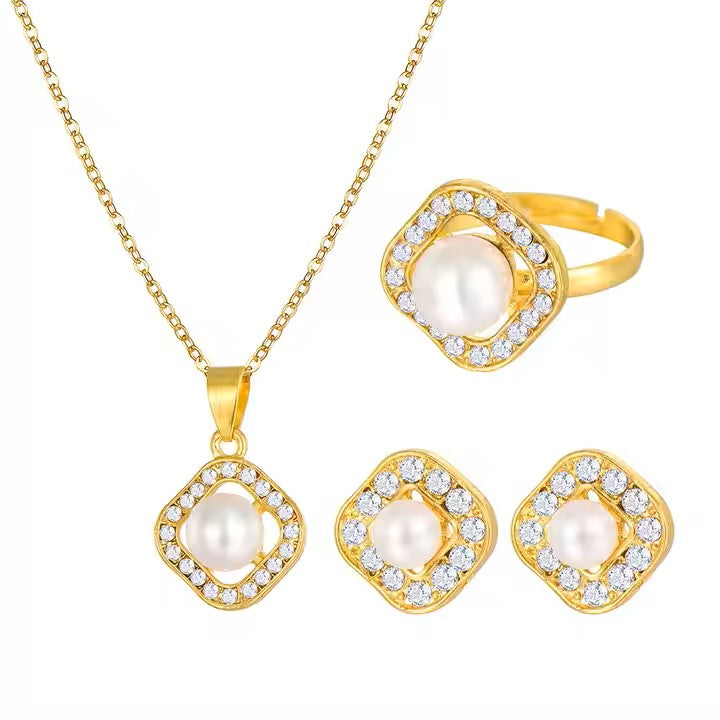 FASHION 4PC Jewellery Set Stainless Steel Gold Zircon Heart Flower Pendant Necklace Earrings Luxury Charm Jewellery Set for Gift