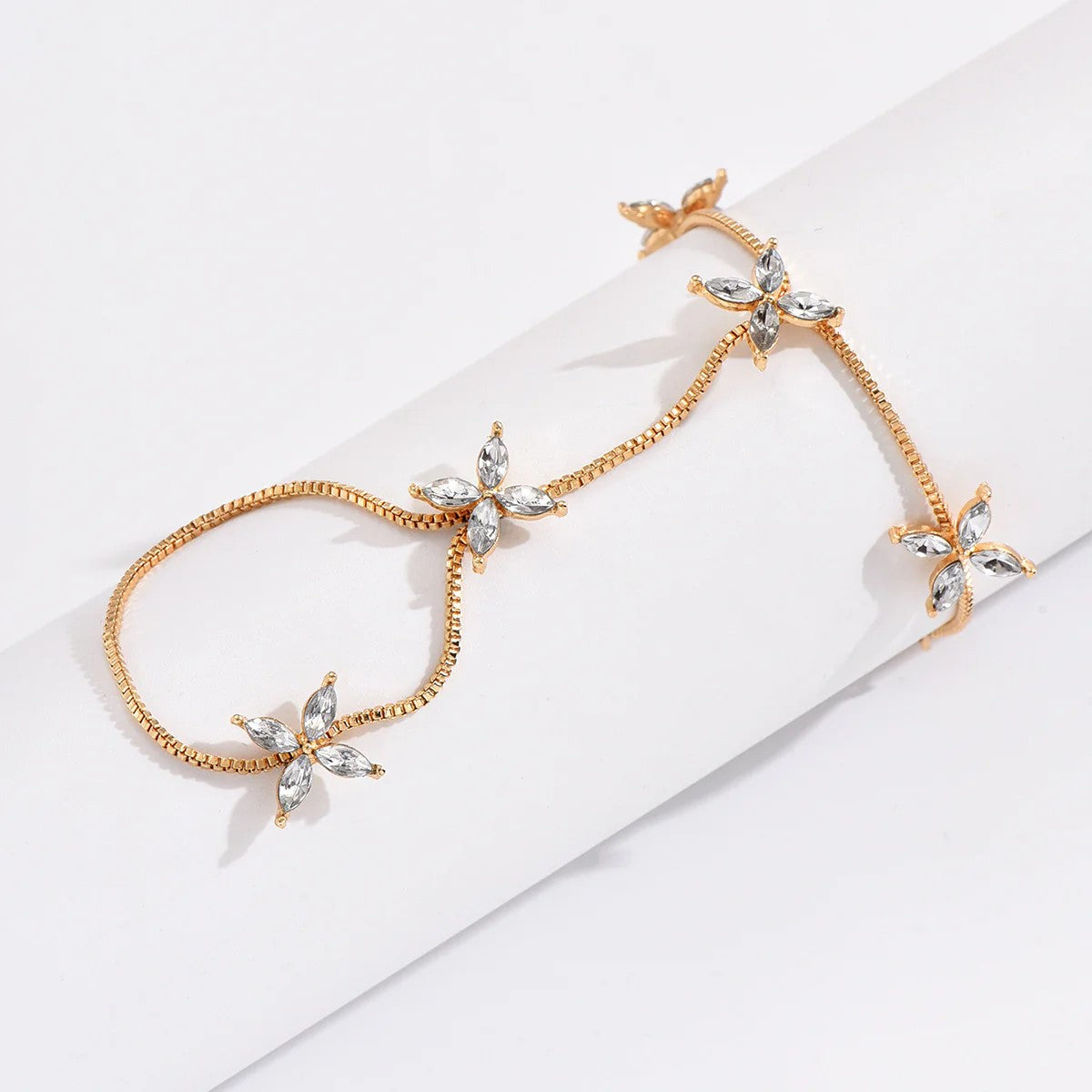 Flower Oval Solitaire Gold Silver Anti Tarnish Box Chain Bracelet Joint Ring For Women