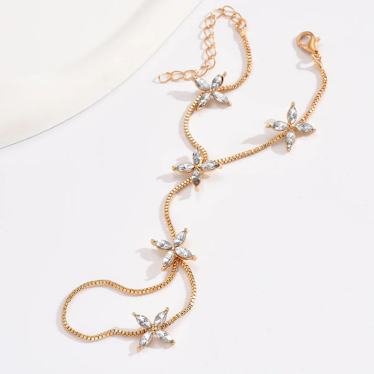 Flower Oval Solitaire Gold Silver Anti Tarnish Box Chain Bracelet Joint Ring For Women