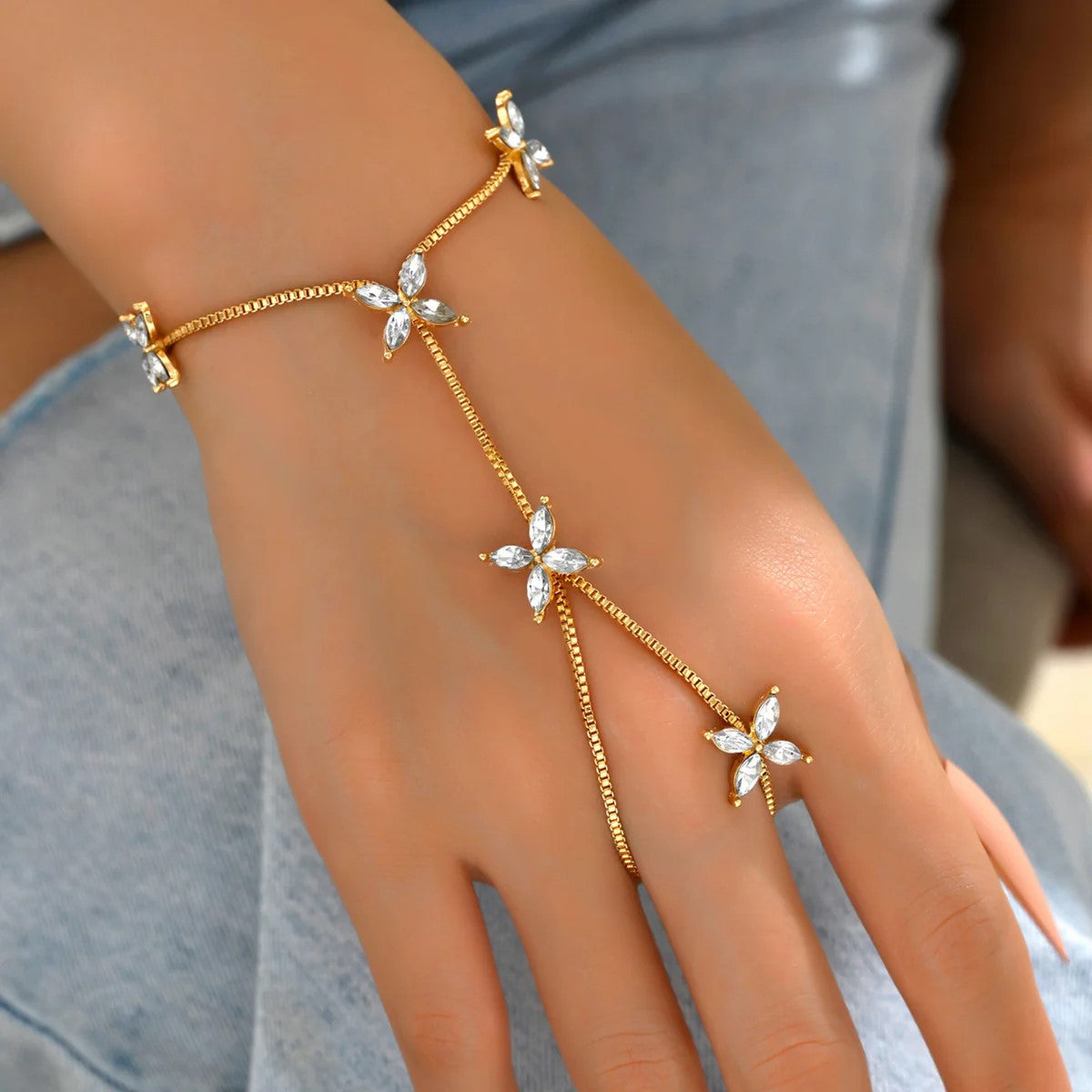 Flower Oval Solitaire Gold Silver Anti Tarnish Box Chain Bracelet Joint Ring For Women