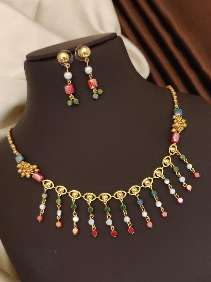 Gold Tone Necklace Set with Earrings, Multicolor Beaded Jewellery, Dangling Drops Design For Women Girls