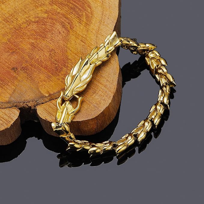 Elegant Gold-Plated Chunky Chain Bracelet, Statement Fashion Jewellery, Geometric Design 14mm 21cm Dragon Head Bracelet Unique Dragon Mens