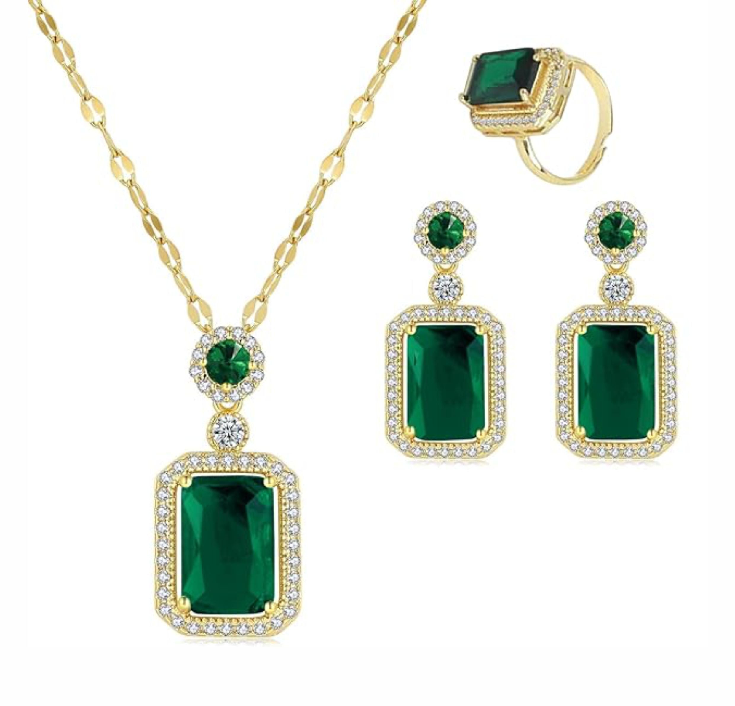 GOLD PLATED Cubic Zirconia Studded Necklaces Pendant Chain Drop Earrings & Finger Ring Embellished Combo Jewellery Set for Women