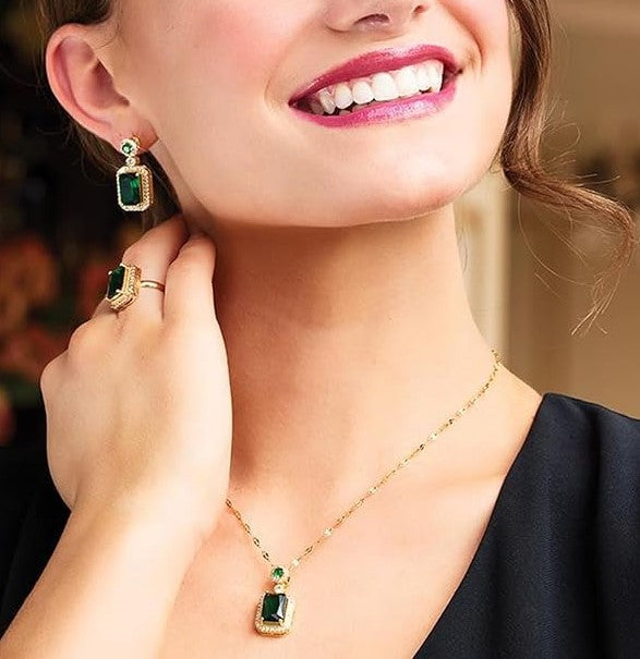 GOLD PLATED Cubic Zirconia Studded Necklaces Pendant Chain Drop Earrings & Finger Ring Embellished Combo Jewellery Set for Women